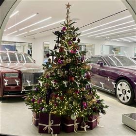 fwthumbRolls Royce Sunningdale Showroom Christmas tree, real Christmas tree, wrapped presents under tree, car show room Lilys Flowers Ltd.jpg